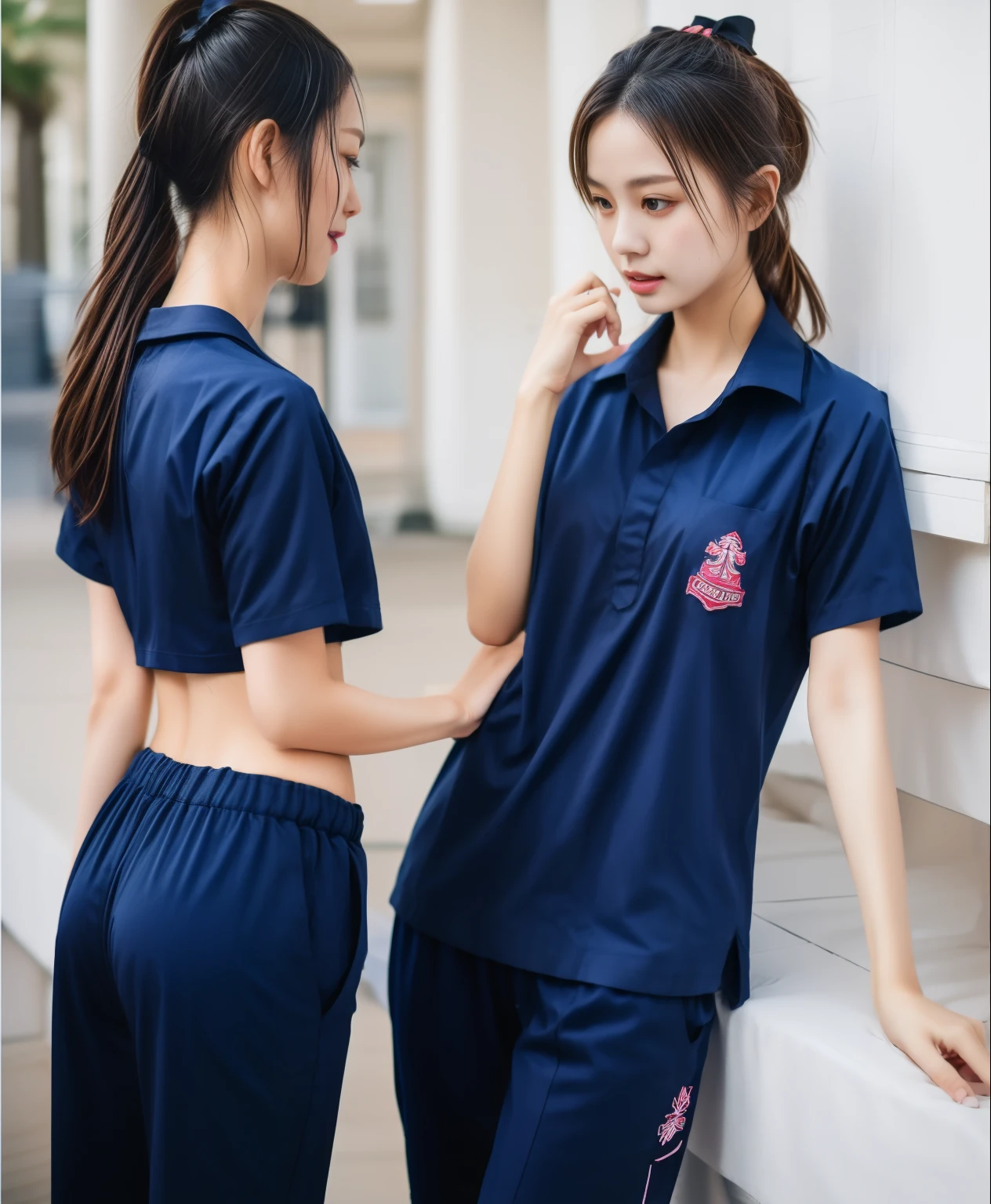 2 girls in fitness center, Navy blue short-sleeved shirt,Navy Long Trackpant,Sweatpants, Sweatpantsขายาว,25 year old girl, lesbian, sexy, exercise clothes, wet body, exercise clothes