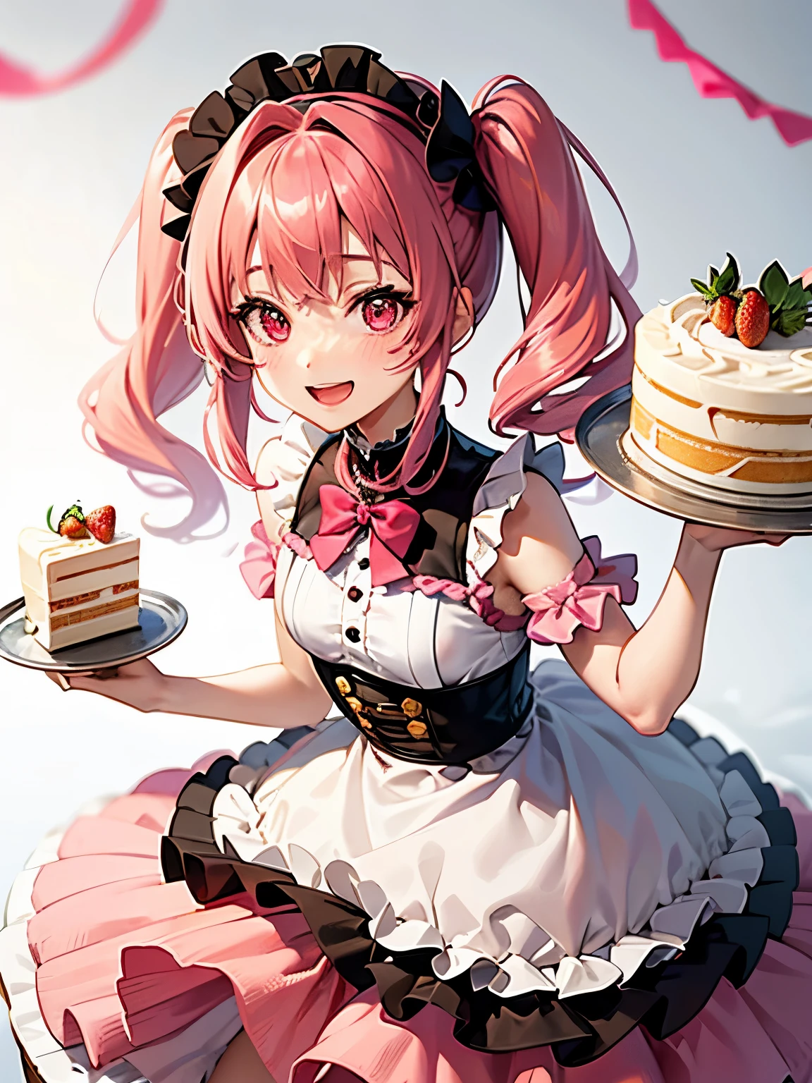 Soft and gentle pattern,anime illustration,Her hair is pink and has twin tails.,((Big strawberry hair clip in a knot)),Her twintail hair is permed and fluffy.,girl with pink eyes,her face is cute、Confident smile,Appearance of about 12 years old,((small breasts:1.2)),((Whole cake with lots of strawberries)),Fancy background in pastel colors,((A cute smile with an open mouth)),