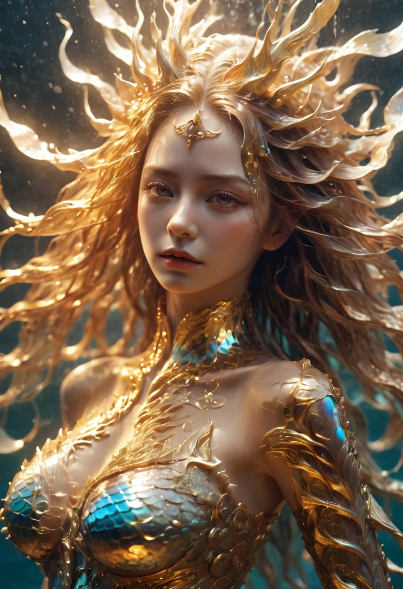 cinematic photo Hyperrealistic art RAW candid photo top view of a ethereal mermaid, with golden holographic scales and pearls and glitter, laying on the surface of the sea, she is wearing a helmet with fishes in it, she has long hair, holographic color, waterdrops, divine (mermaid:2 girl:0.3, biomorph), glass skeleton, skinless:3, biomechanical details, (sea background with golden hour lightning), her tail is in golden mech style, natural golden hour lighting, style of h. r. giger, (sharp focus, hyper detailed, highly intricate), . Extremely high-resolution details, photographic, realism pushed to extreme, fine texture, incredibly lifelike,35mm photograph, film, bokeh, professional, 4k, highly detailed