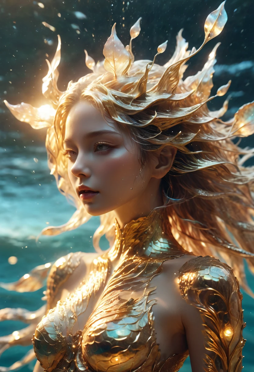 cinematic photo Hyperrealistic art RAW candid photo top view of a ethereal mermaid, with golden holographic scales and pearls and glitter, laying on the surface of the sea, she is wearing a helmet with fishes in it, she has long hair, holographic color, waterdrops, divine (mermaid:2 girl:0.3, biomorph), glass skeleton, skinless:3, biomechanical details, (sea background with golden hour lightning), her tail is in golden mech style, natural golden hour lighting, style of h. r. giger, (sharp focus, hyper detailed, highly intricate), . Extremely high-resolution details, photographic, realism pushed to extreme, fine texture, incredibly lifelike,35mm photograph, film, bokeh, professional, 4k, highly detailed