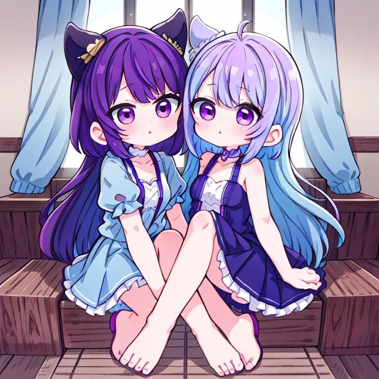 Two girl sister, one with purple hair and the other with blue hair, one teen and little .