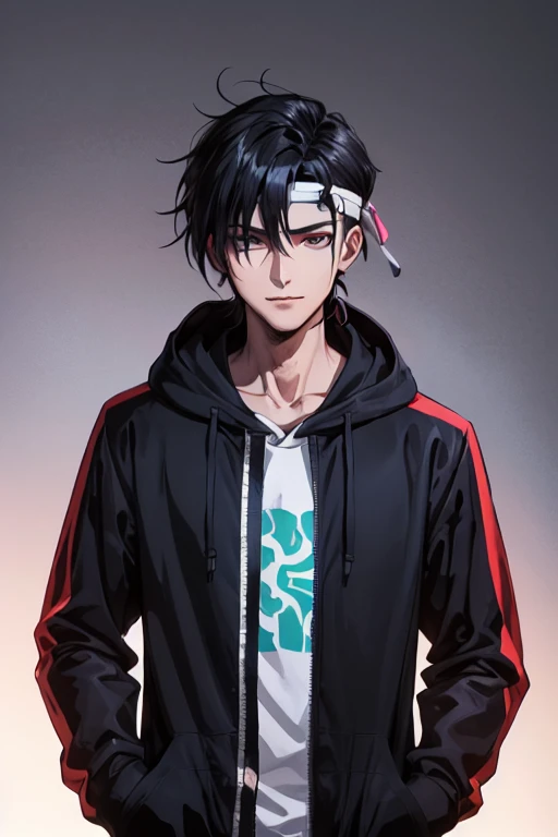 In this AI-generated artwork, a fusion character emerges, combining the features of Madara and Kakashi from Naruto with Cid from Eminence in the Shadows. The 2D anime portrayal showcases a dark-skinned figure with a low-cut black hairstyle, wearing an intricately detailed hoodie. The character, depicted in a solo pose, removes a headband, symbolizing significance and transition. Appearance: The hoodie incorporates a dark theme with subtle hints of blue, red, purple, green, and turquoise. The character's expression is a charismatic smile, blending Madara's stoicism, Kakashi's wit, and Cid's mysterious allure. Pose: The character stands casually with one hand in their pocket, embodying both relaxation and strength. The removal of the headband adds a narrative touch, enhancing the overall visual storytelling. Background: Set against a dark backdrop, the shadows highlight detailed features, creating a captivating composition with a hint of mystery.