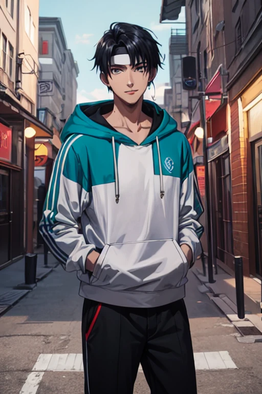 In this AI-generated artwork, a fusion character emerges, combining the features of Madara and Kakashi from Naruto with Cid from Eminence in the Shadows. The 2D anime portrayal showcases a dark-skinned figure with a low-cut black hairstyle, wearing an intricately detailed hoodie. The character, depicted in a solo pose, removes a headband, symbolizing significance and transition. Appearance: The hoodie incorporates a dark theme with subtle hints of blue, red, purple, green, and turquoise. The character's expression is a charismatic smile, blending Madara's stoicism, Kakashi's wit, and Cid's mysterious allure. Pose: The character stands casually with one hand in their pocket, embodying both relaxation and strength. The removal of the headband adds a narrative touch, enhancing the overall visual storytelling. Background: Set against a dark backdrop, the shadows highlight detailed features, creating a captivating composition with a hint of mystery.