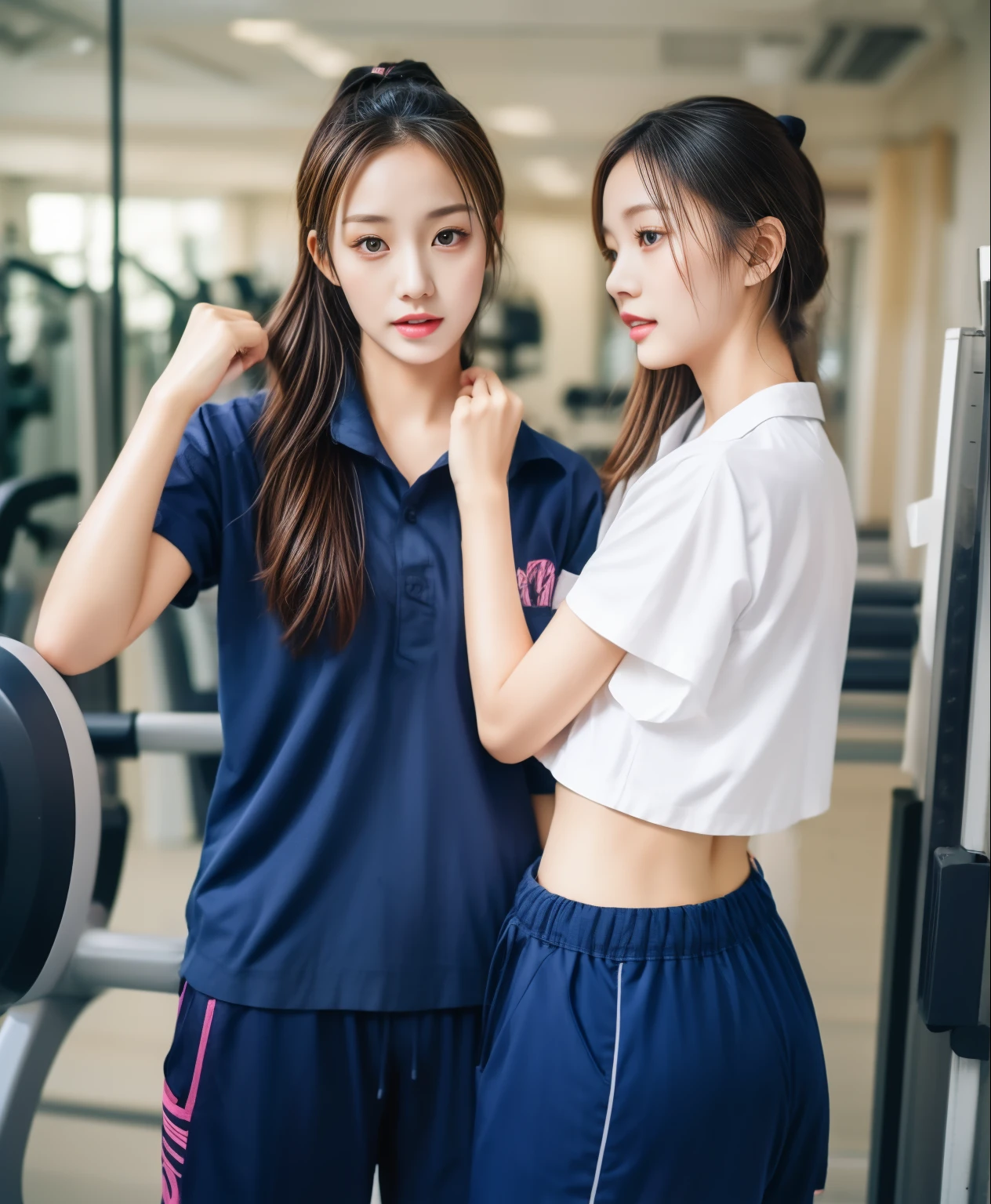 2 girls in the fitness center, Navy blue short-sleeved shirt,Navy Long Trackpant,Sweatpants, Sweatpantsขายาว,25 year old girl, lesbian, sexy, exercise clothes, wet body