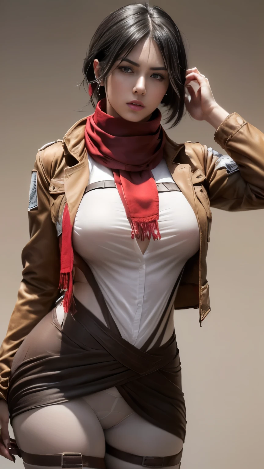 Mikasa, sexy body, Attack on Titan, AOT character, Mikasa character, ((Mikasa cosplay)), ((A very cute caucasian girl cosplaying Mikasa, posing model style), ((blur background)), 1 girl, wide range photoshoot, wide range, (milf), beautiful face, clear face, ((hot body)), ((dark brown jacket and white shirt)), (((wearing red scarf))), short brown skirt, ((AOT)), ((military dress style)), ((cosplay dress)), ((((Huge breasts: 0.9)))), ((no breasts)), coverd, (((Realistic))), ((well dressed)), waist curve pose, front side, (8k, RAW photo, top quality, masterpiece), (Realistic, photorealistic: 1.9), ((Full body shot)), stylish pose, ((Highly detailed skin: 1.2)), ((Realistic: 1.9)), Photos, masterpieces, top quality, (beautiful blue eyes, gorgeous pale grey black hair, white skin, thick body, lower abdomen bristles, perfect slim figure), various poses, model pose, ultra-detailed face, detailed eyes, a lot of people are looking at her with excitement, (((close-up))), sun light, cinematic, ((photoshoot)), photography