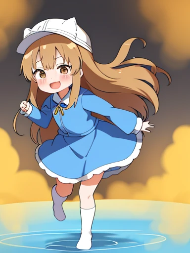 1 girl、Platelets、8K、must-have、anime、fart、shyness、blush、a lot of gas、Gas comes out of the butt、animeチック、full body photo、、White cap、brown hair、long hair、Kindergarteners、blue clothes with top and bottom connected、Blue skirt、Are standing、Satisfied smile、open your mouth、brown eyes、dynamic pose、