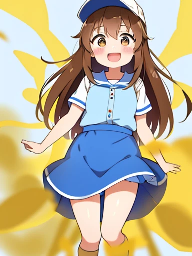 1 girl、Platelets、8K、must-have、anime、fart、shyness、blush、a lot of gas、Gas comes out of the butt、animeチック、full body photo、、White cap、brown hair、long hair、Kindergarteners、blue clothes with top and bottom connected、Blue skirt、Are standing、Satisfied smile、open your mouth、brown eyes、dynamic pose、