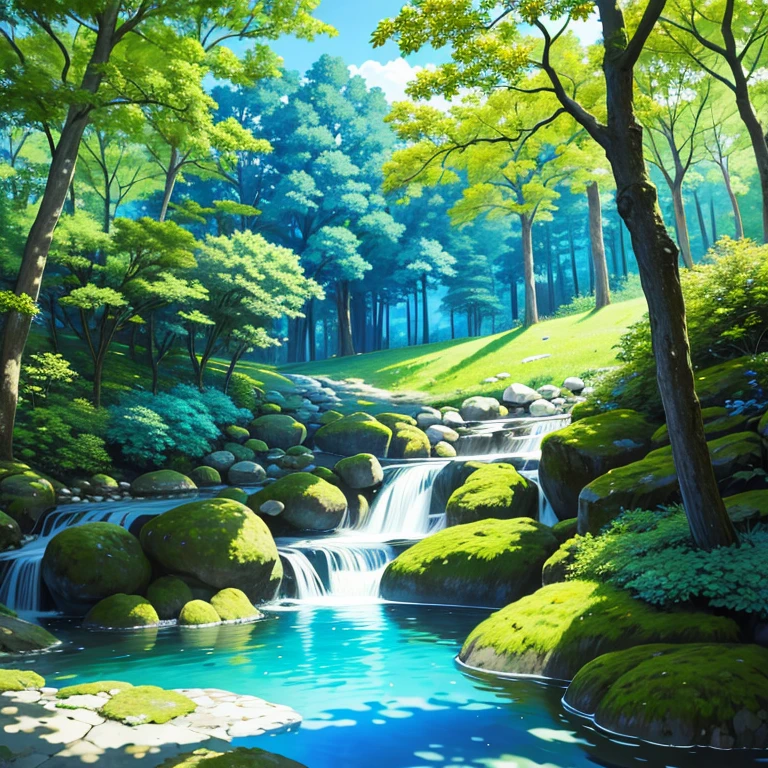 In the heart of a lively biotope, a vibrant summer scene unfolds. Short trees, adorned with an abundance of leaves, cast dappled sunlight over the crystal-clear stream below. Flowers, in a riot of colors, blanket the ground, attracting a flurry of insects that dance among their petals. The big picture comes alive with the symphony of nature, where every detail matters.

In this captivating tableau, trees shimmer with health, their summer foliage standing in stark contrast against the bright blue sky. The stream, teeming with fresh water, mirrors the sky above, reflecting the play of light and shadow. The air is
