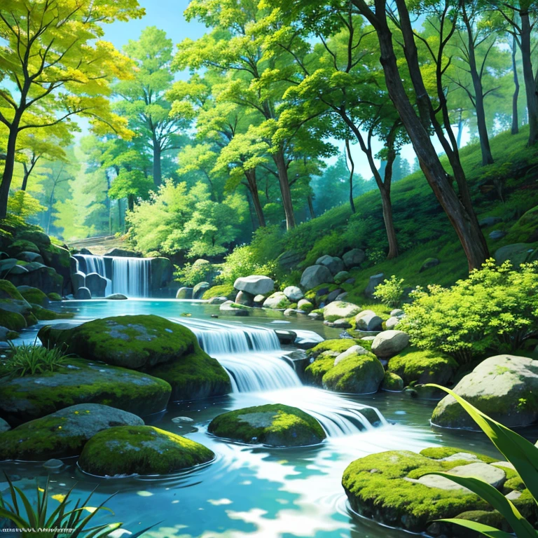 In the heart of a lively biotope, a vibrant summer scene unfolds. Short trees, adorned with an abundance of leaves, cast dappled sunlight over the crystal-clear stream below. Flowers, in a riot of colors, blanket the ground, attracting a flurry of insects that dance among their petals. The big picture comes alive with the symphony of nature, where every detail matters.
In this captivating tableau, trees shimmer with health, their summer foliage standing in stark contrast against the bright blue sky. The stream, teeming with fresh water, mirrors the sky above, reflecting the play of light and shadow. The air is