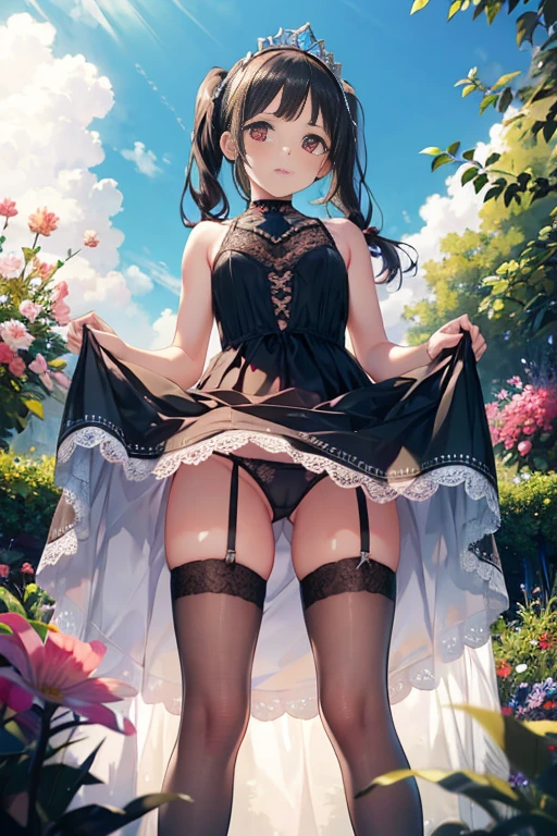 (masterpiece), 2Princess,Princess,Princess,sisters,black hair,small breasts,noble underwear, Natural light, realistic, diffused light, look up from below,vapor, (lift skirt), (urination), Pigtails,lace stockings 1,Luxury Long Dress,embarrassing red face,tiara.in front of the flower bed in the garden,Silk Fabric,