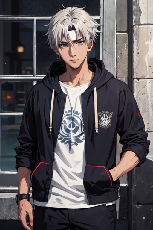 In this AI-generated artwork, a fusion character emerges, combining the features of Madara and Kakashi from Naruto with Cid from Eminence in the Shadows. The 2D anime portrayal showcases a dark-skinned figure with a low-cut black hairstyle, wearing an intricately detailed hoodie. The character, depicted in a solo pose, removes a headband, symbolizing significance and transition. Appearance: The hoodie incorporates a dark theme with subtle hints of blue, red, purple, green, and turquoise. The character's expression is a charismatic smile, blending Madara's stoicism, Kakashi's wit, and Cid's mysterious allure. Pose: The character stands casually with one hand in their pocket, embodying both relaxation and strength. The removal of the headband adds a narrative touch, enhancing the overall visual storytelling. Background: Set against a dark backdrop, the shadows highlight detailed features, creating a captivating composition with a hint of mystery.