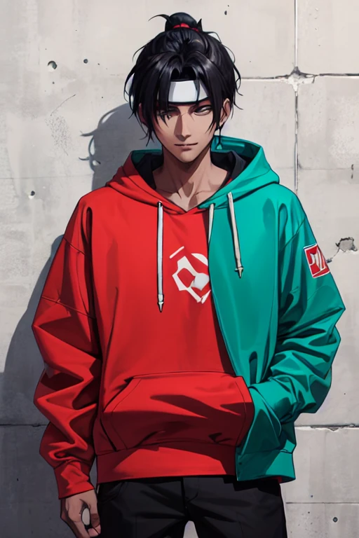 In this AI-generated artwork, a fusion character emerges, combining the features of Madara and Kakashi from Naruto with Cid from Eminence in the Shadows. The 2D anime portrayal showcases a dark-skinned figure with a low-cut black hairstyle, wearing an intricately detailed hoodie. The character, depicted in a solo pose, removes a headband, symbolizing significance and transition. Appearance: The hoodie incorporates a dark theme with subtle hints of blue, red, purple, green, and turquoise. The character's expression is a charismatic smile, blending Madara's stoicism, Kakashi's wit, and Cid's mysterious allure. Pose: The character stands casually with one hand in their pocket, embodying both relaxation and strength. The removal of the headband adds a narrative touch, enhancing the overall visual storytelling. Background: Set against a dark backdrop, the shadows highlight detailed features, creating a captivating composition with a hint of mystery.