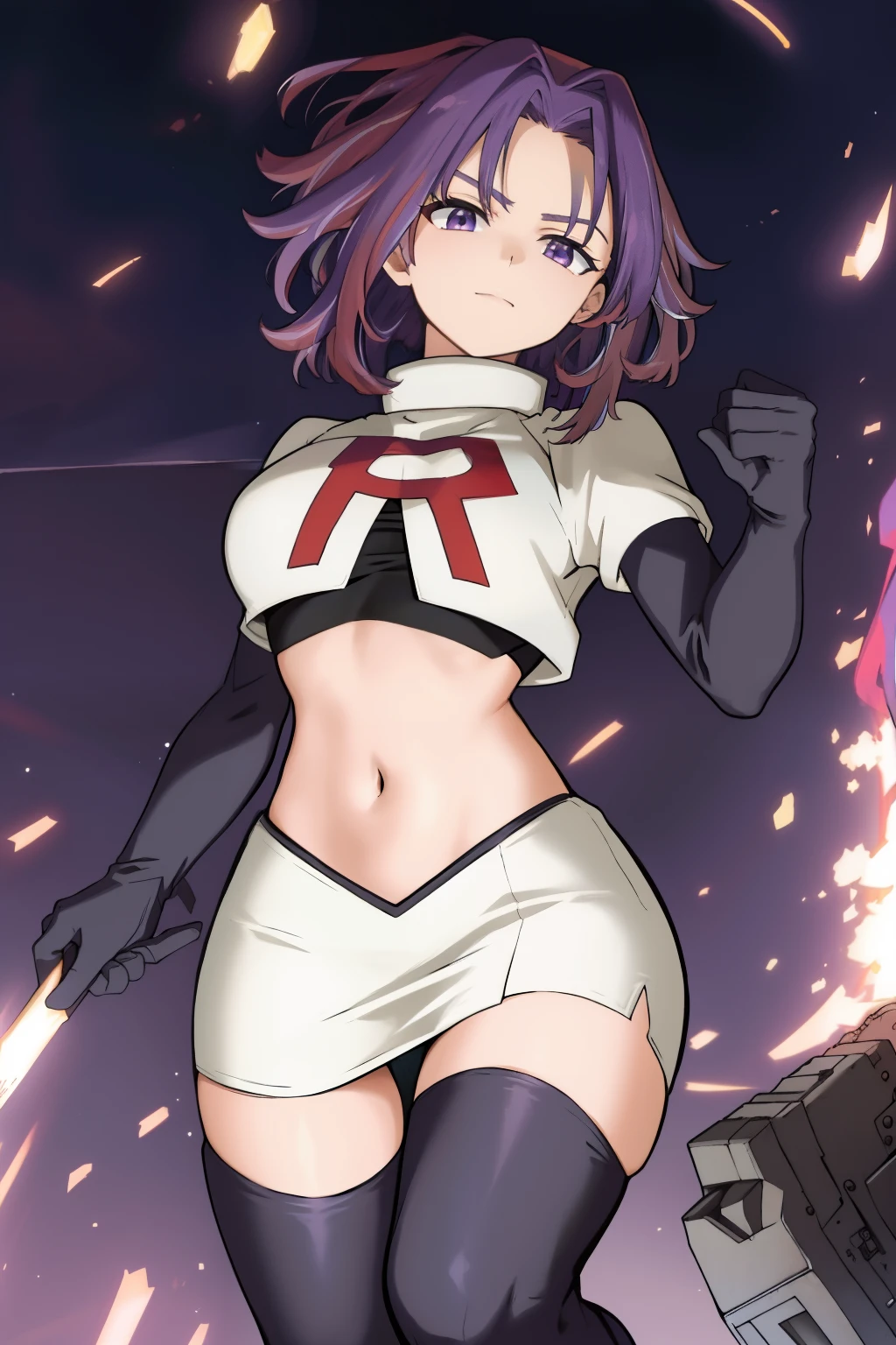 scan, (extremely detailed CG unity 8k wallpaper:1.1), masterpiece, (1girl), lady nagant, boku no hero academia, (purple hair), (multicolored hair), (purple eyes), breasts, team rocket,team rocket uniform, red letter R, white skirt,white crop top,black thigh-highs,black elbow gloves