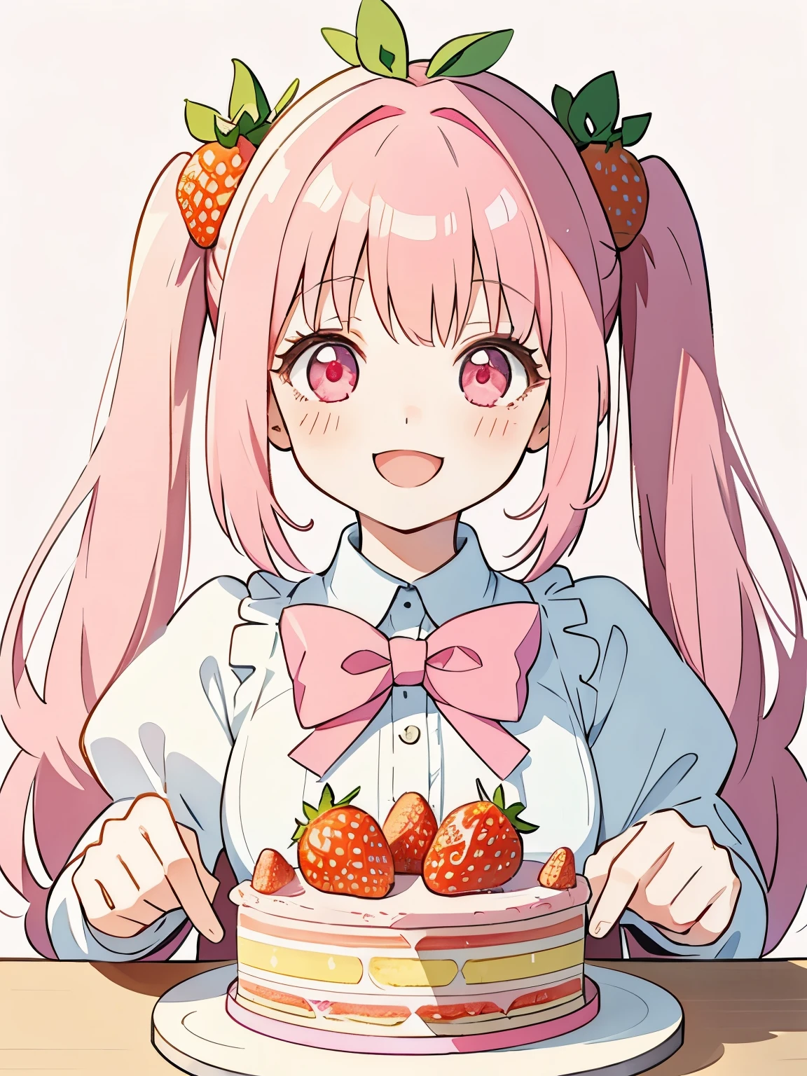 Soft and gentle pattern,anime illustration,Her hair is pink and has twin tails.,((Big strawberry hair clip in a knot)),Her twintail hair is permed and fluffy.,girl with pink eyes,her face is cute、Confident smile,Appearance of about 12 years old,(small breasts),((Whole cake with lots of strawberries)),Fancy background in pastel colors,((A cute smile with an open mouth)),