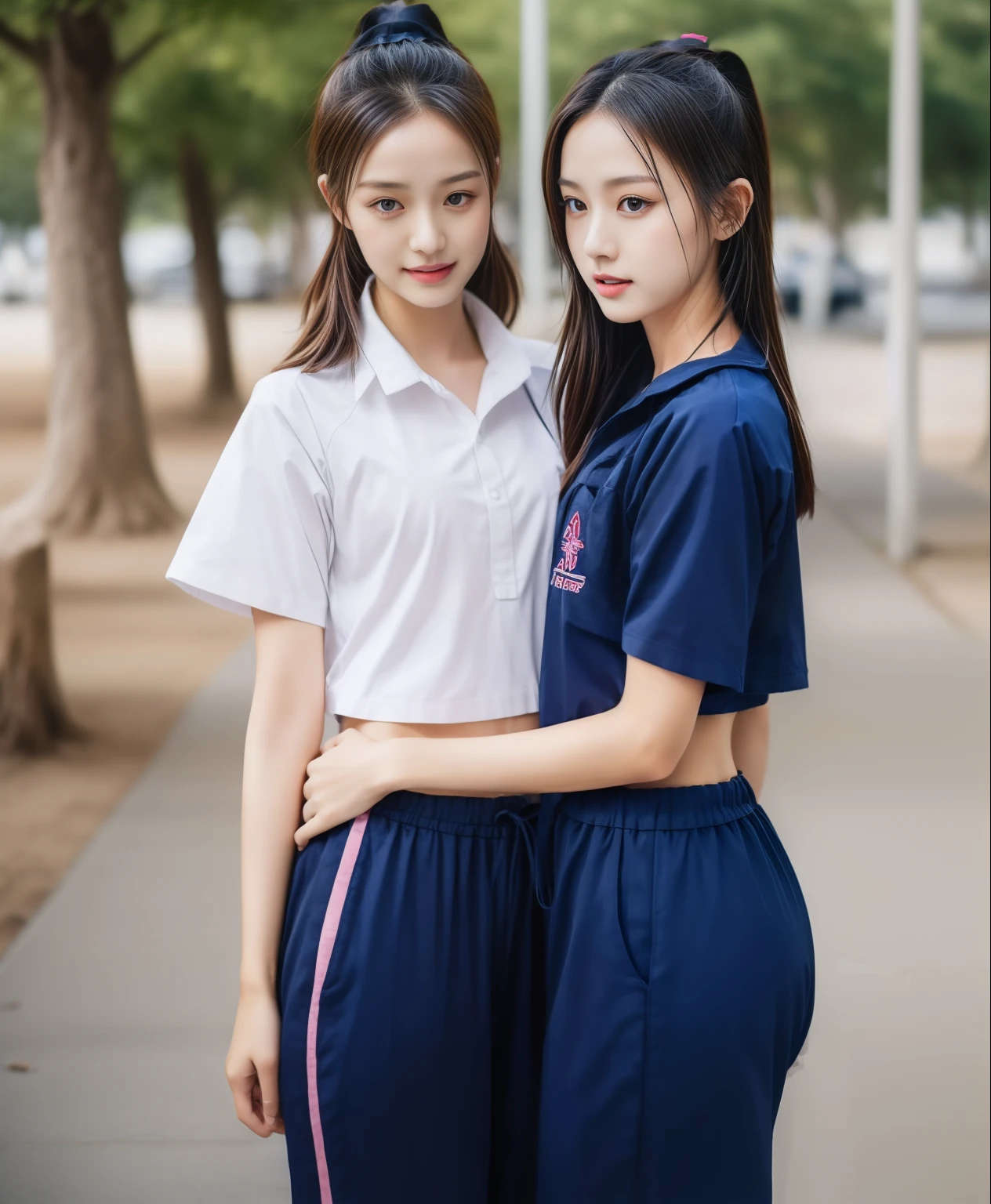 2 girls in fitness center, Navy blue short-sleeved shirt,Navy Long Trackpant,Sweatpants, Sweatpantsขายาว,25 year old girl, lesbian, sexy, exercise clothes, wet body, exercise clothes, exercise clothes