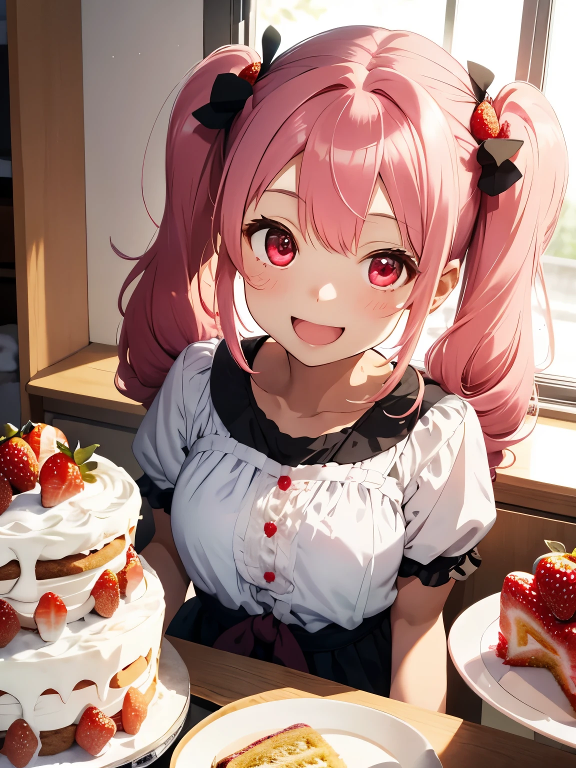 Soft and gentle pattern,anime illustration,Her hair is pink and has twin tails.,((Big strawberry hair clip in a knot)),Her twintail hair is permed and fluffy.,girl with pink eyes,her face is cute、Confident smile,Appearance of about 12 years old,(small breasts:1.4),((Whole cake with lots of strawberries)),Fancy background in pastel colors,((A cute smile with an open mouth)),