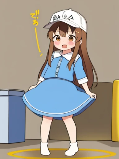 1 girl、Platelets、8K、must-have、anime、fart、shyness、blush、a lot of gas、Gas comes out of the butt、animeチック、full body photo、、White cap、brown hair、long hair、ergarteners、blue clothes with top and bottom connected、Blue skirt、Are standing、open your mouth、brown eyes、toilet