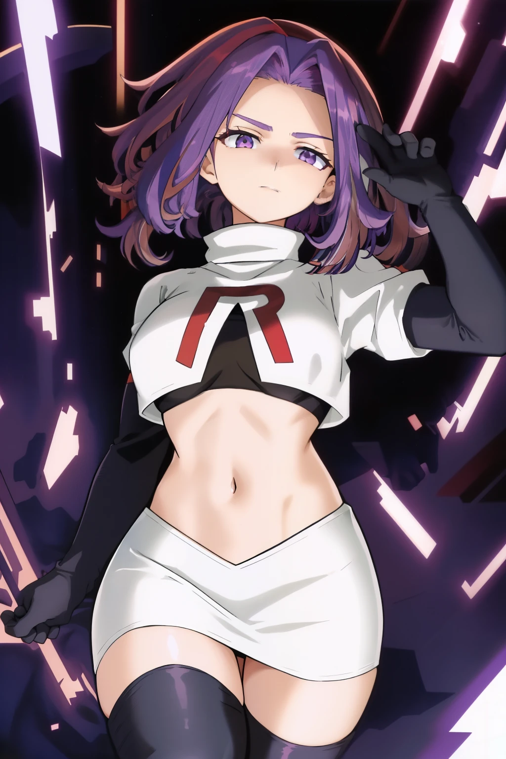 scan, (extremely detailed CG unity 8k wallpaper:1.1), masterpiece, (1girl), lady nagant, boku no hero academia, (purple hair), (multicolored hair), (purple eyes), breasts, team rocket,team rocket uniform, red letter R, white skirt,white crop top,black thigh-highs,black elbow gloves