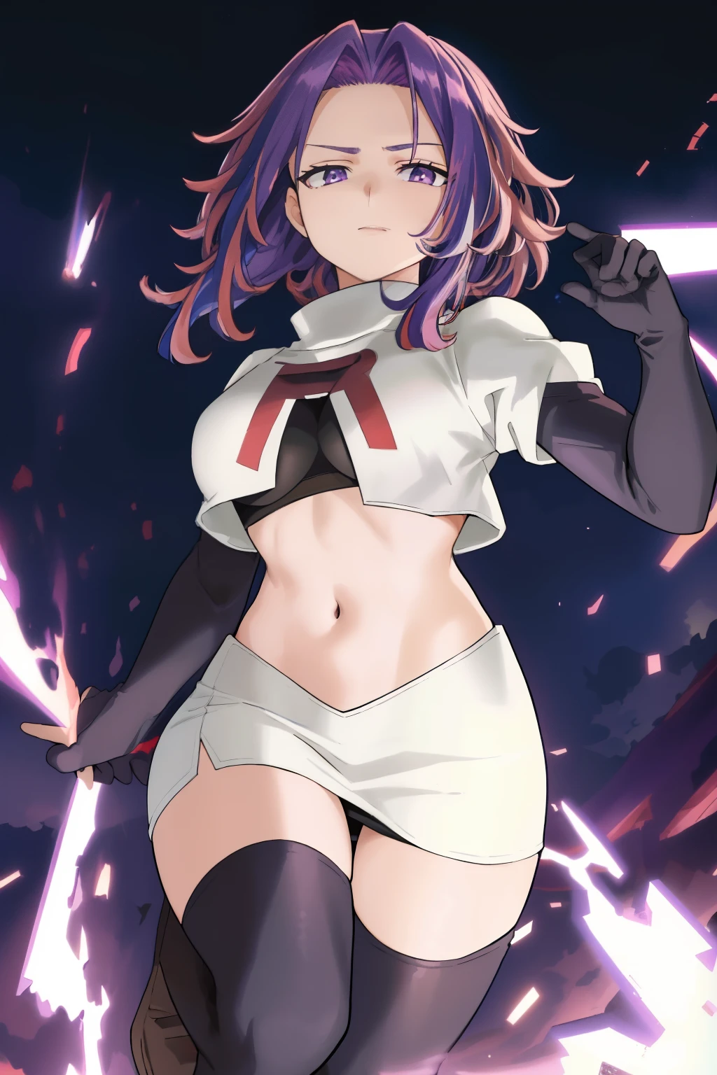 scan, (extremely detailed CG unity 8k wallpaper:1.1), masterpiece, (1girl), lady nagant, boku no hero academia, (purple hair), (multicolored hair), (purple eyes), breasts, team rocket,team rocket uniform, red letter R, white skirt,white crop top,black thigh-highs,black elbow gloves