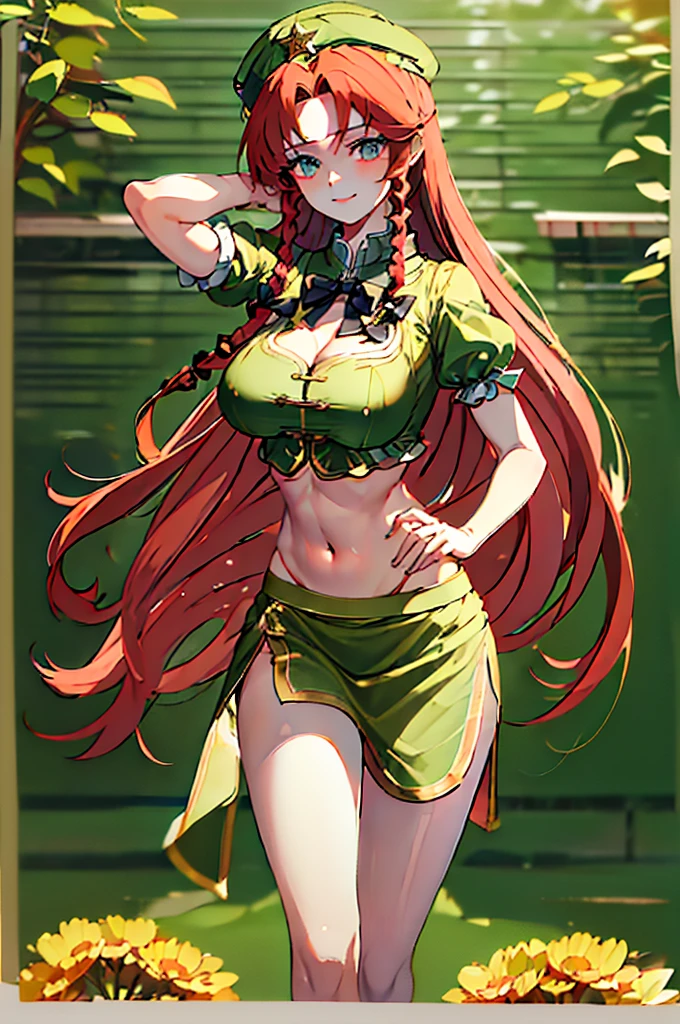 (masterpiece, best quality),best quality, best resolution, (ultra-detailed), (3heads:1.5), 1girl, (hong meiling:1.3), masterpiece, best quality, green top, crop top, ((stomach)), midriff, ((groin)), green skirt, miniskirt, normal ears, shackles, red hair, very long hair, wavy hair, sidelocks, blue eyes, parted lips, single horn, sweat, cute, toned belly, hand on own chest, eyelashes, (24 year old woman:1.3), (masterpiece:1.5), (best quality:1.5), (beautiful detailed), extremely detailed CG, extremely delicate and beautiful, depth of field, (finely detailed face), (perfect details:1.2), (mature female:1.3), wide pelvis, slender, large veiny breast, 8k resolution, high quality, high definition, extremely detailed, masterpiece, red hair, long hair, alluring presence, twin braid, short skirt, close up, big tits, young, striped, green beret, hair ornament, chinese clothes, star hat ornament,