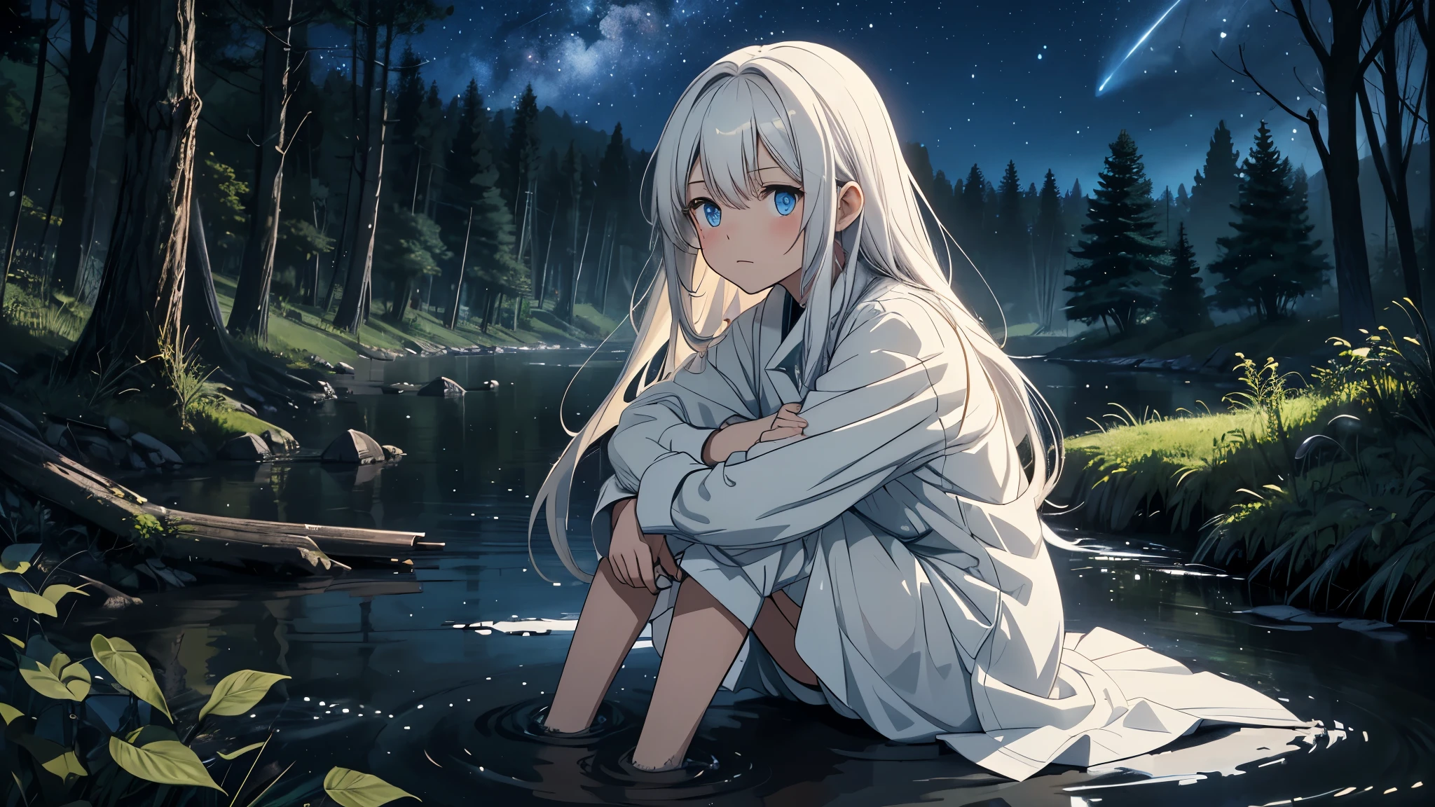 A very dark night, Stars in the sky, river,low forest, Sits hugging his legs, one cute anime girl, white long hair , blue eyes, white clothes, clothes have a little holes, Dirty clothes, looks thoughtfully, girl looks up at the stars.