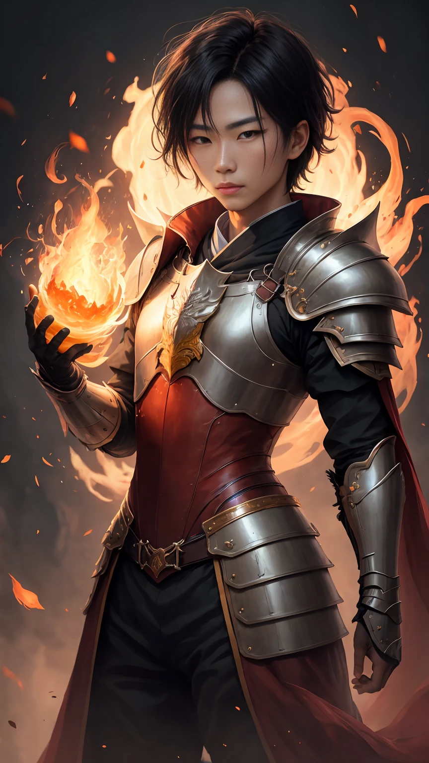 Kyo1,RAW photo, (high detailed skin:1.2), 8k uhd, dslr, soft lighting, high quality, film grain, Fujifilm XT3, sorcerer, wearing kingdom fiery armor, black short hair