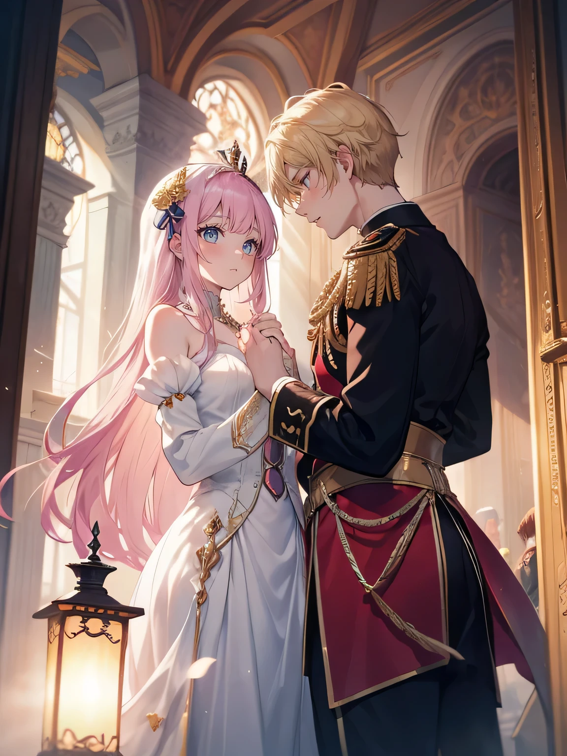 Create an evocative scene with a 20-year-old prince with stunning golden locks, Vestido com trajes reais, kneeling with genuine devotion. His expressive eyes reflect a mix of determination and adoration as he gently shakes the hand of a 20-year-old woman.. Seus cachos rosa em cascata emolduram um rosto iluminado por um suave, brilho encantador.
Surround this royal couple with the opulence of their kingdom – complex architecture, jardins vibrantes, and perhaps distant glimpses of loyal subjects. Convey the palpable connection between the prince and the woman, illustrating your shared story, tacit understanding, and the promise of an intertwined future. Invoke a sense of magic and romance that permeates the air in this captivating moment within the fairytale realm.