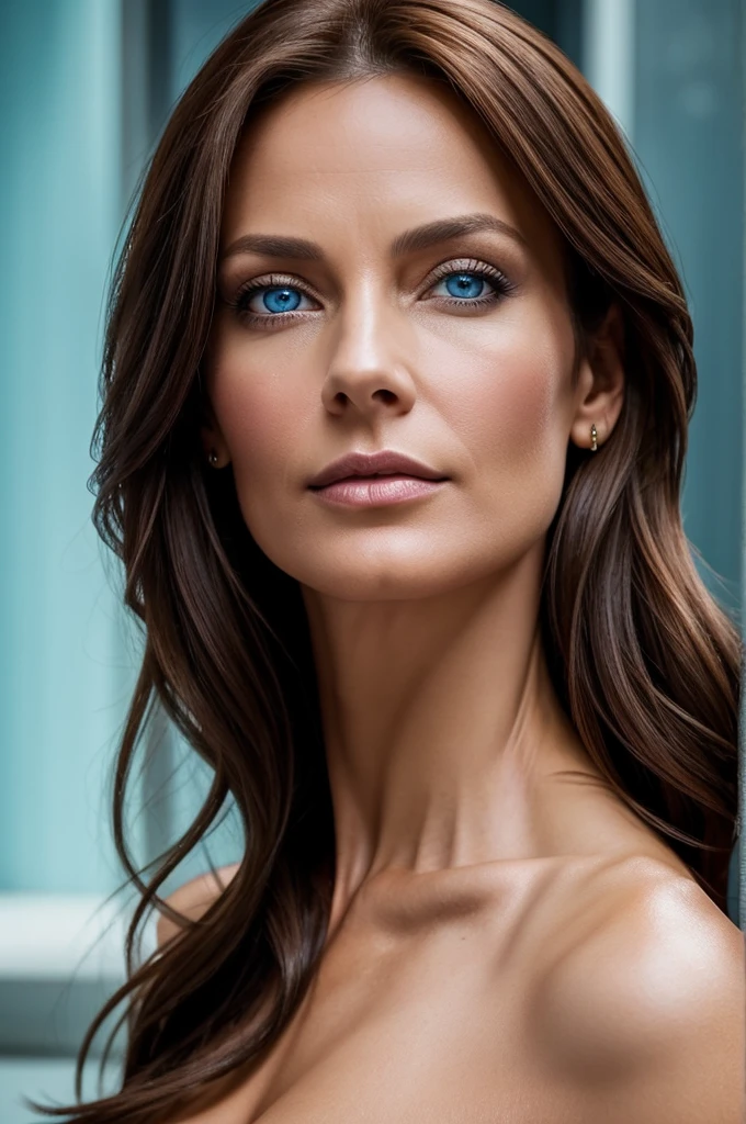 Create a vivid and detailed description of 40years old sexy woman with a slim physique, sleek brown hair cascading down her shoulders, and piercing icy blue eyes that seem to hold secrets. Capture the essence of her unique beauty and bring to life the image of this intriguing character