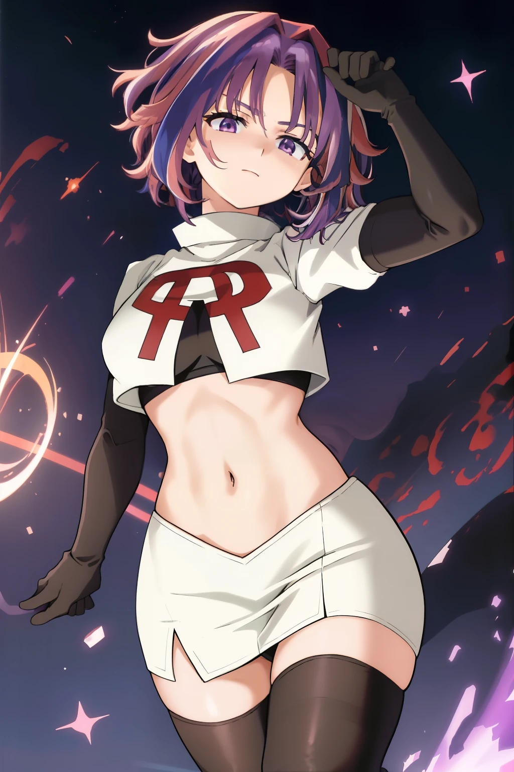 scan, (extremely detailed CG unity 8k wallpaper:1.1), masterpiece, (1girl), lady nagant, boku no hero academia, (purple hair), (multicolored hair), (purple eyes), breasts, team rocket,team rocket uniform, red letter R, white skirt,white crop top,black thigh-highs,black elbow gloves