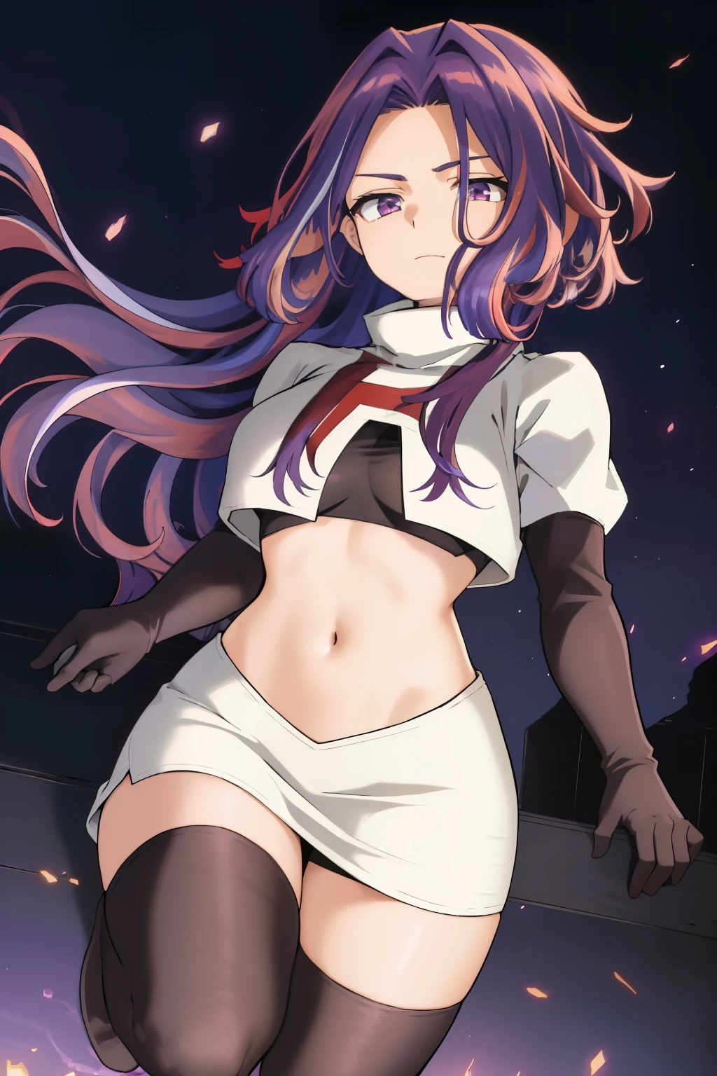 scan, (extremely detailed CG unity 8k wallpaper:1.1), masterpiece, (1girl), lady nagant, boku no hero academia, (purple hair), (multicolored hair), (purple eyes), breasts, team rocket,team rocket uniform, red letter R, white skirt,white crop top,black thigh-highs,black elbow gloves