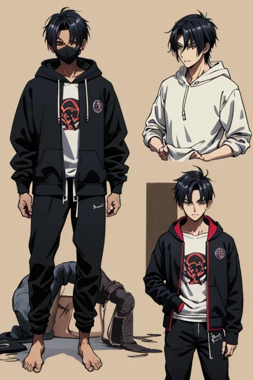 In this AI-generated artwork, a fusion character emerges, combining the features of Madara and Kakashi from Naruto with Cid from Eminence in the Shadows. The 2D anime portrayal showcases a dark-skinned figure with a low-cut black hairstyle, wearing an intricately detailed hoodie. The character, depicted in a solo pose, removes a headband, symbolizing significance and transition. Appearance: The hoodie incorporates a dark theme with subtle hints of blue, red, purple, green, and turquoise. The character's expression is a charismatic smile, blending Madara's stoicism, Kakashi's wit, and Cid's mysterious allure. Pose: The character stands casually with one hand in their pocket, embodying both relaxation and strength. The removal of the headband adds a narrative touch, enhancing the overall visual storytelling. Background: Set against a dark backdrop, the shadows highlight detailed features, creating a captivating composition with a hint of mystery.