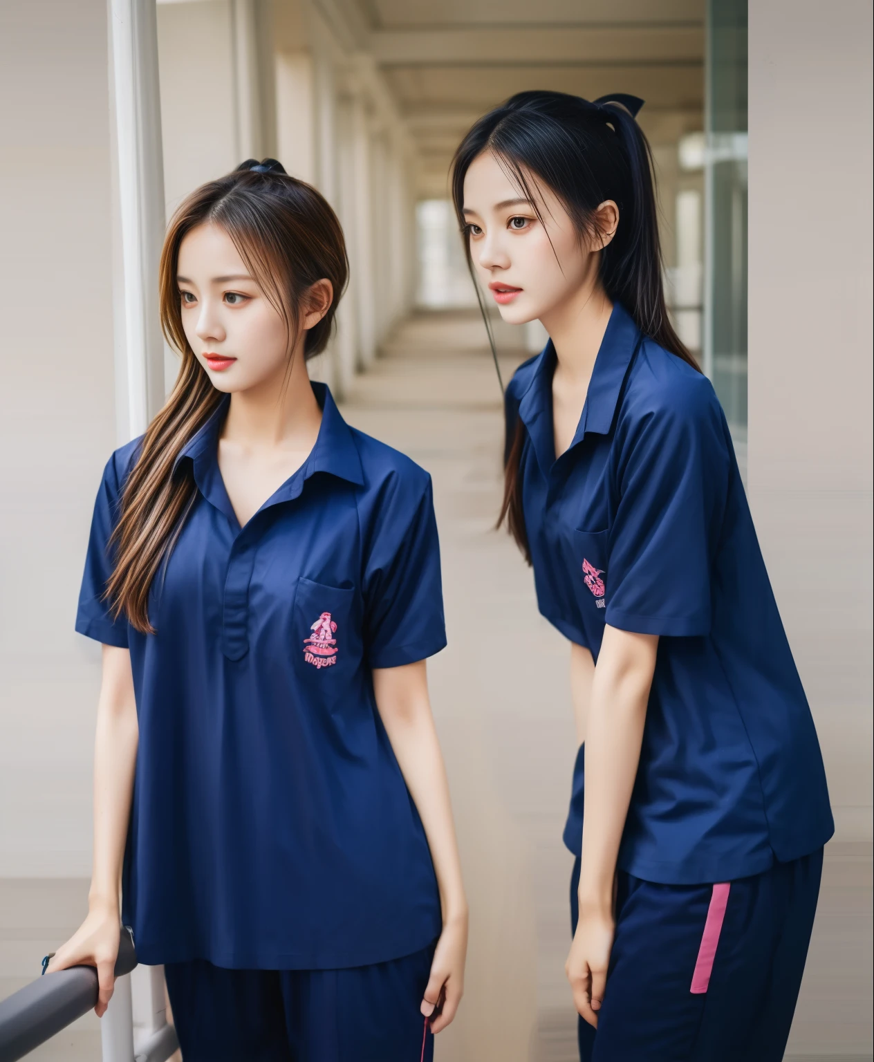 2 girls in the fitness center, Navy blue short-sleeved shirt,Navy Long Trackpant,Sweatpants, Sweatpantsขายาว,25 year old girl, lesbian, sexy, exercise clothes, wet body