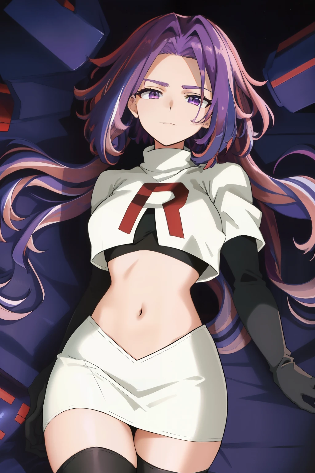 scan, (extremely detailed CG unity 8k wallpaper:1.1), masterpiece, (1girl), lady nagant, boku no hero academia, (purple hair), (multicolored hair), (purple eyes), breasts, team rocket,team rocket uniform, red letter R, white skirt,white crop top,black thigh-highs,black elbow gloves