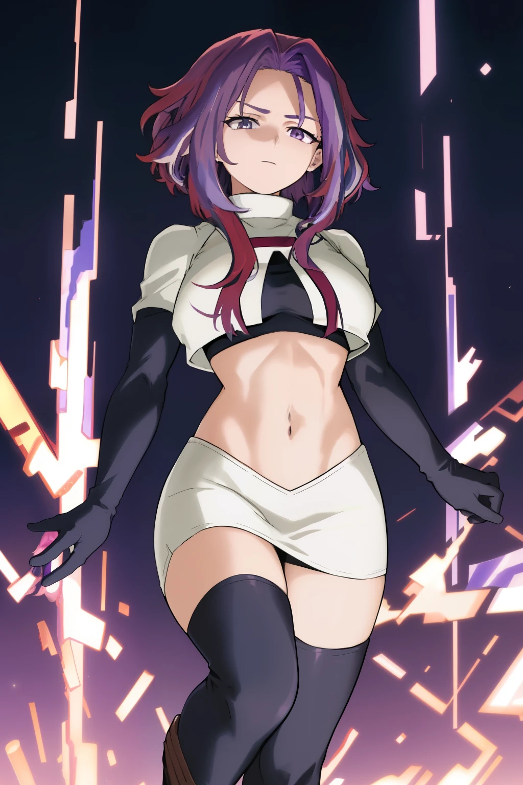 scan, (extremely detailed CG unity 8k wallpaper:1.1), masterpiece, (1girl), lady nagant, boku no hero academia, (purple hair), (multicolored hair), (purple eyes), breasts, team rocket,team rocket uniform, red letter R, white skirt,white crop top,black thigh-highs,black elbow gloves
