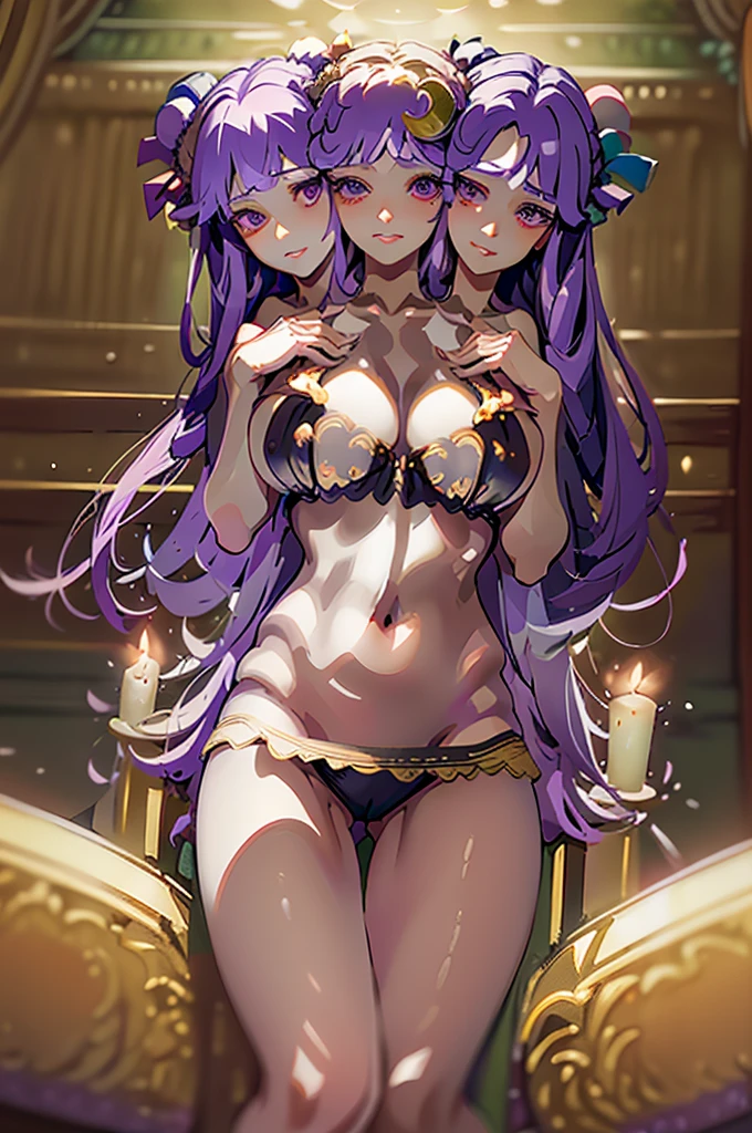 (masterpiece, best quality), best quality, (ultra-detailed), (3heads:1.5), 1girl, (patchouli knowledge:1.3), masterpiece, best quality, purple top, crop top, ((stomach)), midriff, ((groin)), vertical striped skirt, normal ears, shackles, purple hair, very long hair, wavy hair, sidelocks, green eyes, parted lips, single horn, sweat, cute, toned belly, hand on own chest, eyelashes, (24 year old woman:1.3), (masterpiece:1.5), (best quality:1.5), (beautiful detailed, extremely detailed CG, extremely delicate and beautiful, depth of field, (finely detailed face), (perfect details:1.2), (mature female:1.3), wide pelvis, slender, large veiny breast, 8k resolution, high quality, high definition, extremely detailed, masterpiece, purple hair, long hair, alluring presence, braid, short skirt, close up, big tits, young, crescent hat ornament, crescent, hair bow, bow,