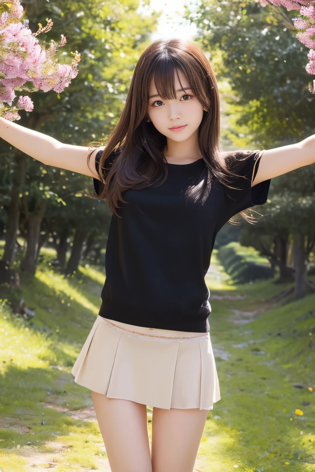 ((masterpiece)), 8K, highest quality, 1 girl, alone, beautiful face, gentle expression, realistic, cute, completely naked, A short navy blue skirt reveals her panties, Crimson Ribbon, (Japanese high school girl) , smile, ((looking at camera)), angle from below、shoulder length hair, hair blowing in the wind, (full body),