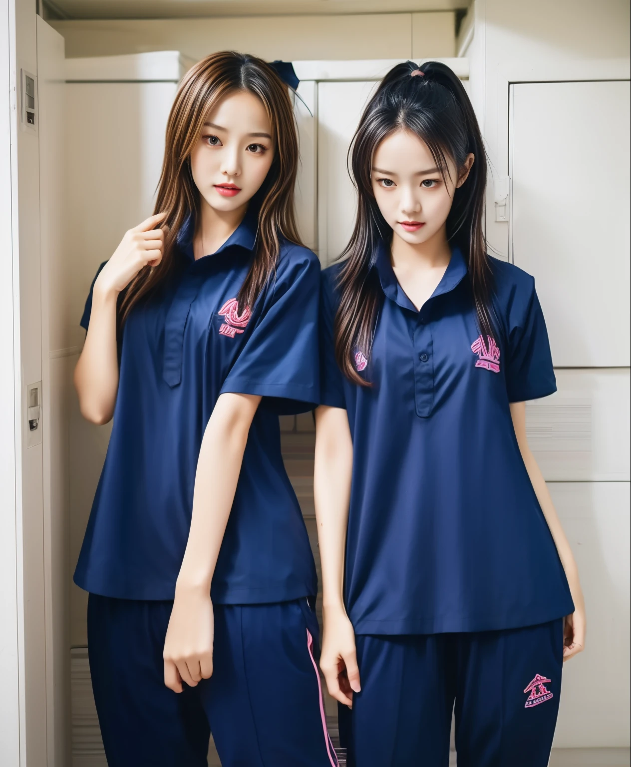 2 girls in locker room, Navy blue short-sleeved shirt,Navy Long Trackpant,Sweatpants, Sweatpantsขายาว,25 year old girl, lesbian, sexy, exercise clothes, wet body, exercise clothes