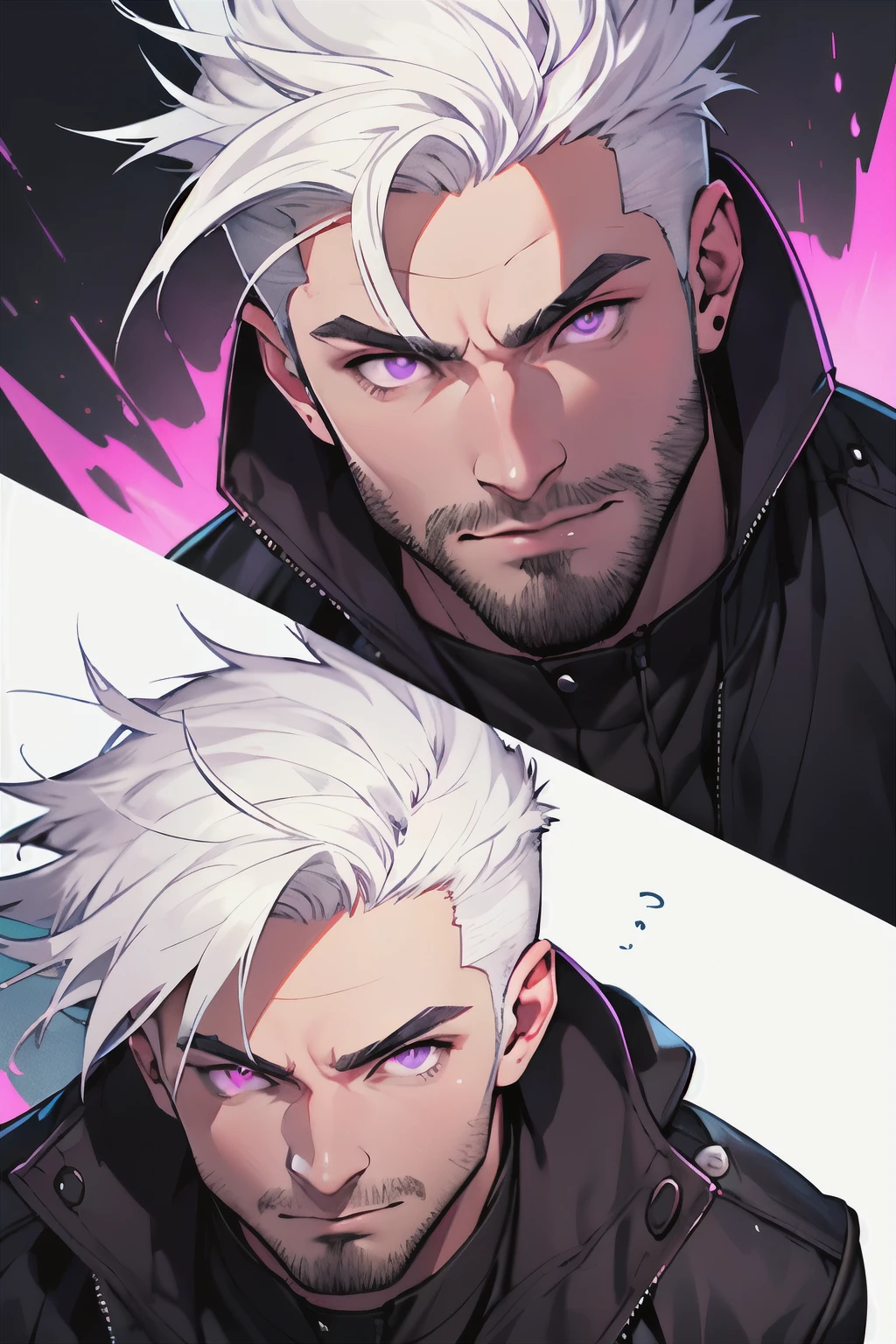 I want a man with short spiky white hair with purple eyes without a beard and his eyebrows are also white