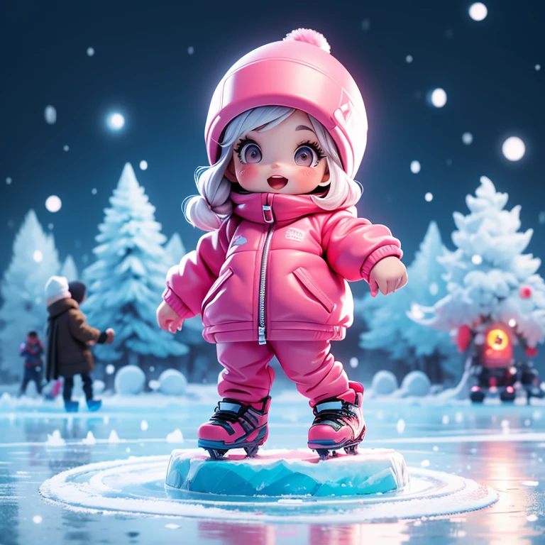 Girl ice skating on a frozen lake in winter, cute dark pink ski wear