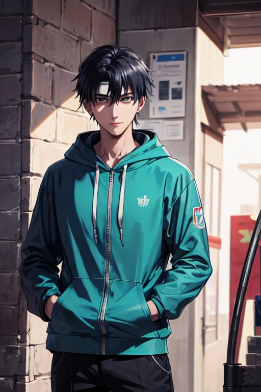 In this AI-generated artwork, a fusion character emerges, combining the features of Madara and Kakashi from Naruto with Cid from Eminence in the Shadows. The 2D anime portrayal showcases a dark-skinned figure with a low-cut black hairstyle, wearing an intricately detailed hoodie. The character, depicted in a solo pose, removes a headband, symbolizing significance and transition. Appearance: The hoodie incorporates a dark theme with subtle hints of blue, red, purple, green, and turquoise. The character's expression is a charismatic smile, blending Madara's stoicism, Kakashi's wit, and Cid's mysterious allure. Pose: The character stands casually with one hand in their pocket, embodying both relaxation and strength. The removal of the headband adds a narrative touch, enhancing the overall visual storytelling. Background: Set against a dark backdrop, the shadows highlight detailed features, creating a captivating composition with a hint of mystery.