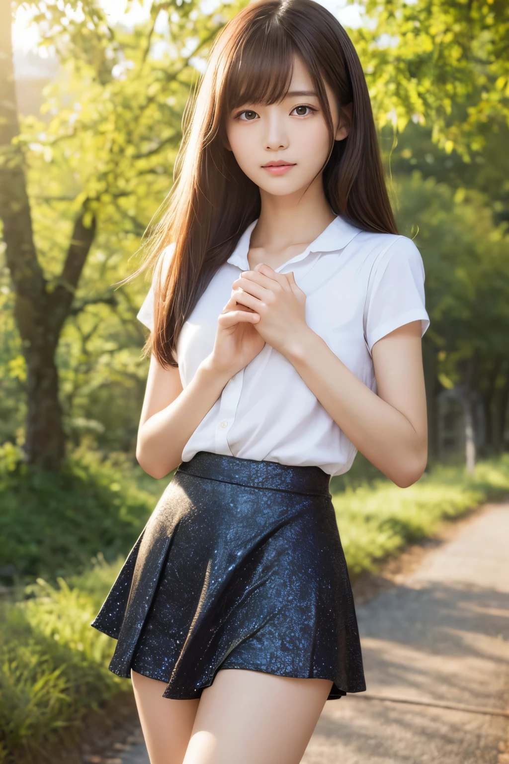 masterpiece,highest quality,ultra high resolution),japanese woman, Very beautiful girl, naive girl、perfect limbs、perfect anatomy、Shining beautiful skin、Moist eyes、Brown glittery hair、Colors and landscapes of youth、premonition of love、Lifting up the hem of her skirt with both hands to reveal her panties.