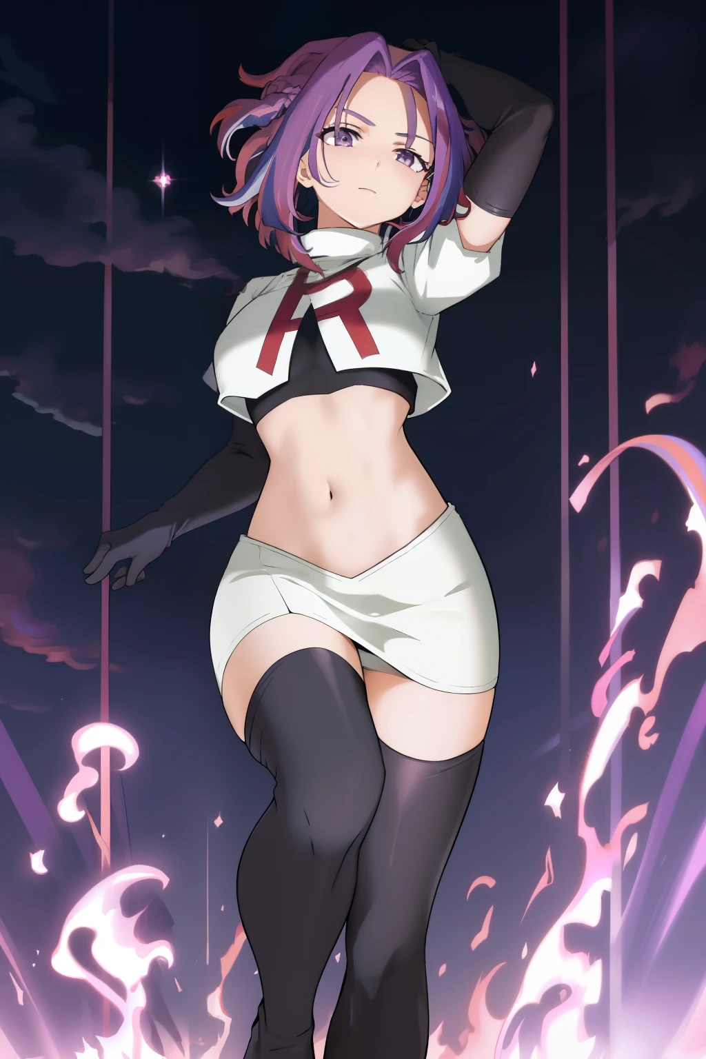 scan, (extremely detailed CG unity 8k wallpaper:1.1), masterpiece, (1girl), lady nagant, boku no hero academia, (purple hair), (multicolored hair), (purple eyes), breasts, team rocket,team rocket uniform, red letter R, white skirt,white crop top,black thigh-highs,black elbow gloves