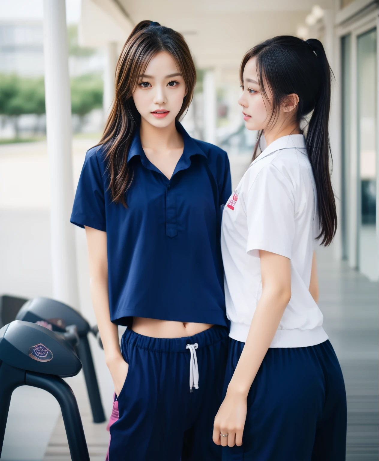 2 girls in the fitness center, Navy blue short-sleeved shirt,Navy Long Trackpant,Sweatpants, Sweatpantsขายาว,25 year old girl, lesbian, sexy, exercise clothes, wet body