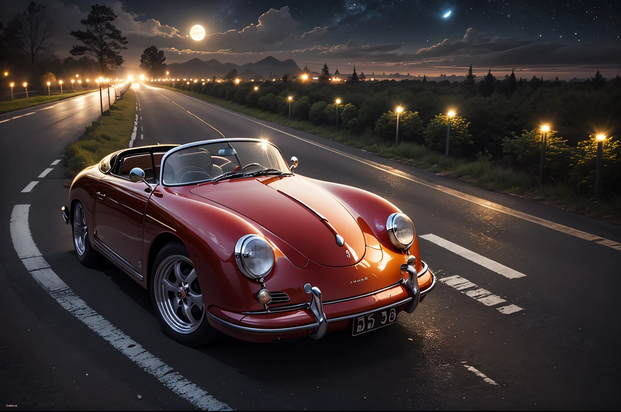 A red Porsche 356 Speedster convertible with its headlights on and on on a country road surrounded by greenery with the moon shining in the star-filled sky