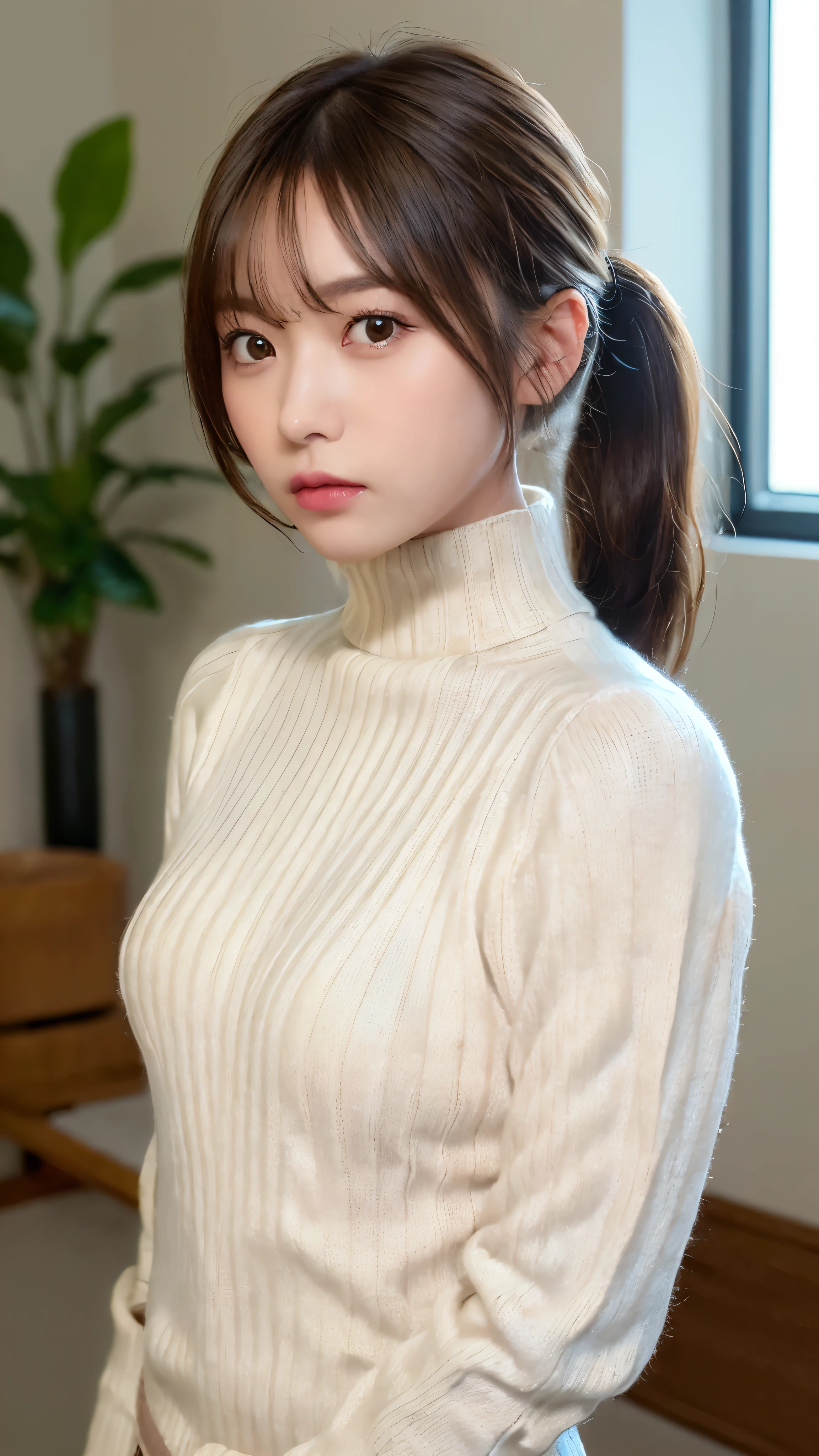 ((NSFW))、(masterpiece:1.5)、(realistic:1.5)、(highest quality:1.4、8K、RAW photo)、
ultra high resolution、professional lighting、perfect dynamic composition、Shot indoors、Photograph the upper body、
film grain、chromatic aberration、(Bokeh:1.1)、
Frank、Sophisticated、charm、超realistic、high detail、golden ratio、
(1 girl)、slender girl、繊細でcharm女の子、cute woman:1.4、
serious expression、looking at the viewer、
light brown hair、shining hair、Hair style is ponytail、
skin that looks real、
close your mouth、fine eyes、double eyelid、thin arms、、
(wearing a white turtleneck knit sweater:1.5)