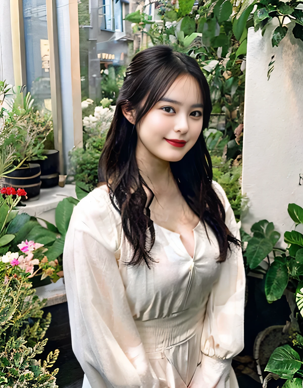 naga,(huge breasts:1.1),looking at the viewer,((masterpiece)),((highest quality)),perfect anatomy,8K UHD,highly detailed face,luster and luster,((1 girl)),((alone)),beautiful eyes,perfect image,(Upper body:1.1),(look ahead:1.1),Arms behind,slim waist,shiny hair,Are standing,super detailed,disorganized,(deep cleavage:1.1),light smile,(beautiful skin),Teak cheek,Natural red lips,cute,High resolution,