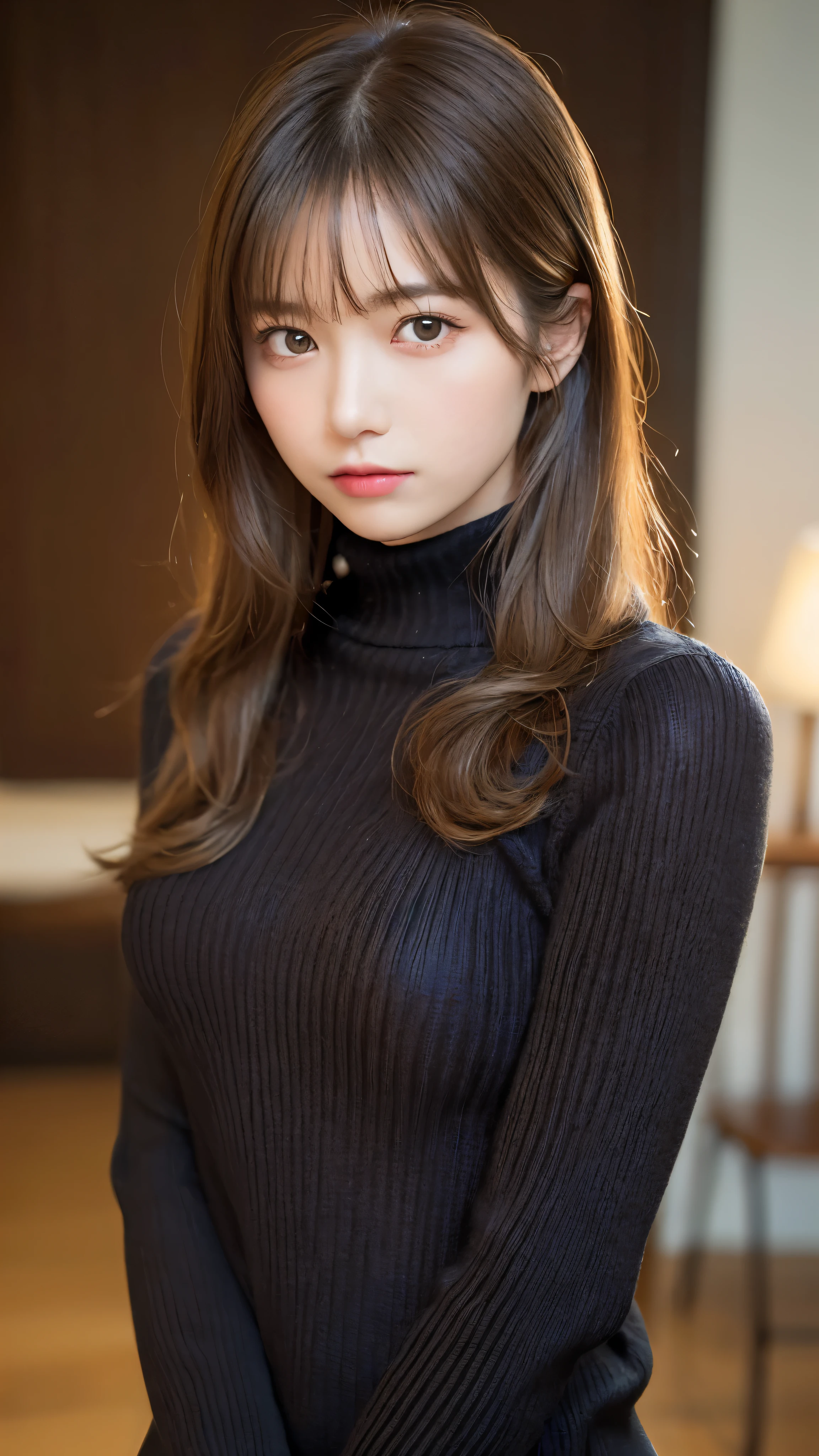 (masterpiece:1.5)、(realistic:1.5)、(highest quality:1.4、8K、RAW photo）、
ultra high resolution、professional lighting、perfect dynamic composition、Shot indoors、Photograph the upper body、
film grain、chromatic aberration、(Bokeh:1.1)、
Frank、Sophisticated、charm、超realistic、high detail、golden ratio、perfect anatomy、
(1 girl)、slender girl、繊細でcharm女の子、cute woman:1.4、
serious expression、looking at the viewer、
light brown hair、shining hair、
skin that looks real、
close your mouth、fine eyes、double eyelid、thin arms、、
(wearing a black knit turtleneck sweater:1.3)