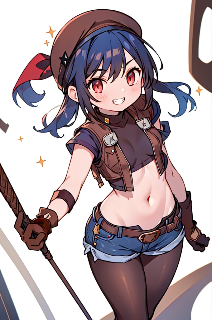 (one girl:1.4), (Small curvaceous :1.3), (10 year old girl:1.2), (small breasts:1.6), (Provocative facial expressions), (grin:1.4), (show teeth:1.2), (long dark blue hair:1.5), 
(brown belly button length pantyhose:1.6), (beautiful languard), (deep rise folded denim shorts:1.3), (new shorts:1.3), 
(tight high neck innerwear:1.6), (Inner is not see-through:1.3), (High neck innerwear that exposes the stomach:1.5)), (High neck innerwear can be separated from pantyhose2.0), 
(wear a short-sleeved jacket:1.3), (Short sleeve jacket with rolled up sleeves:1.4),  (sparkling eyes red eyes:1.3), 
(long brown gloves that reach above the elbow:2.0)superimposed、(gloves with fingers sticking out:1.5), (simple belt-shaped black choker:1.3), (Blue beret), 
(slender stomach:1.4), pretty feet, [belly fat:1.4], [muscular:1.4], Serra, 

