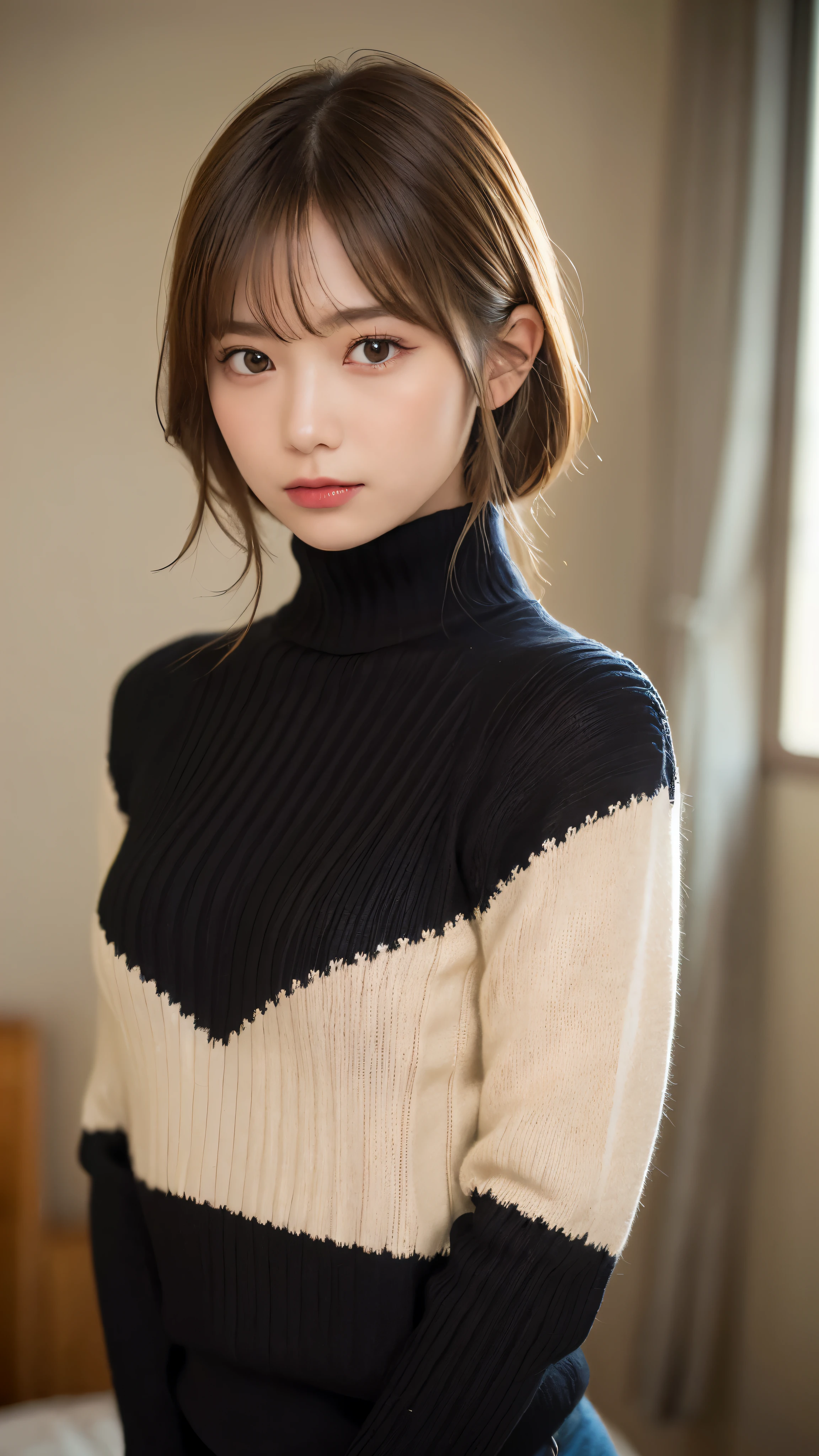 (masterpiece:1.5)、(realistic:1.5)、(highest quality:1.4、8K、RAW photo）、
ultra high resolution、professional lighting、perfect dynamic composition、Shot indoors、Photograph the upper body、
film grain、chromatic aberration、(Bokeh:1.1)、
Frank、Sophisticated、charm、超realistic、high detail、golden ratio、perfect ???????、
(1 girl)、slender girl、繊細でcharm女の子、cute woman:1.4、
serious expression、looking at the viewer、
light brown hair、shining hair、
skin that looks real、
close your mouth、fine eyes、double eyelid、thin arms、、
(wearing a black knit turtleneck sweater:1.3)