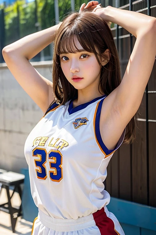 ​masterpiece、flat-colors、depth of fields、lens flare 1 girl、、Brown hair、watching at viewers, basketball uniform large size, big breasts　　　 　 Armpit sweat　perspiring　Side of both hands　　walls: 　Rat-colored eyes